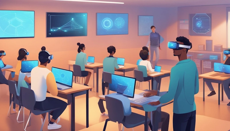 Teaching tip - A futuristic classroom with holographic displays and interactive digital tools. A teacher demonstrates virtual reality lessons while students engage with augmented reality textbooks