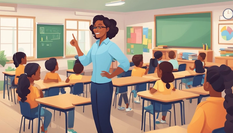 Teaching tip - A teacher gestures confidently while engaging with students, using positive reinforcement and clear communication to foster a supportive and dynamic learning environment