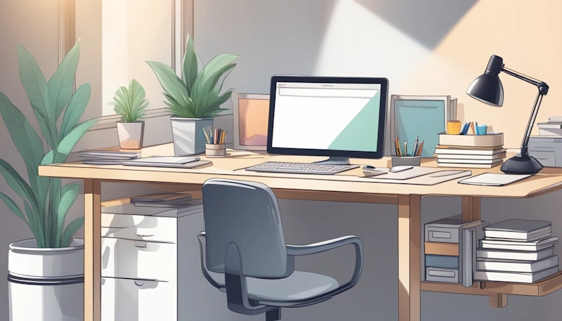 A clutter-free desk with a computer, notebook, and stationery. A bright light illuminates the workspace, creating a focused and productive atmosphere