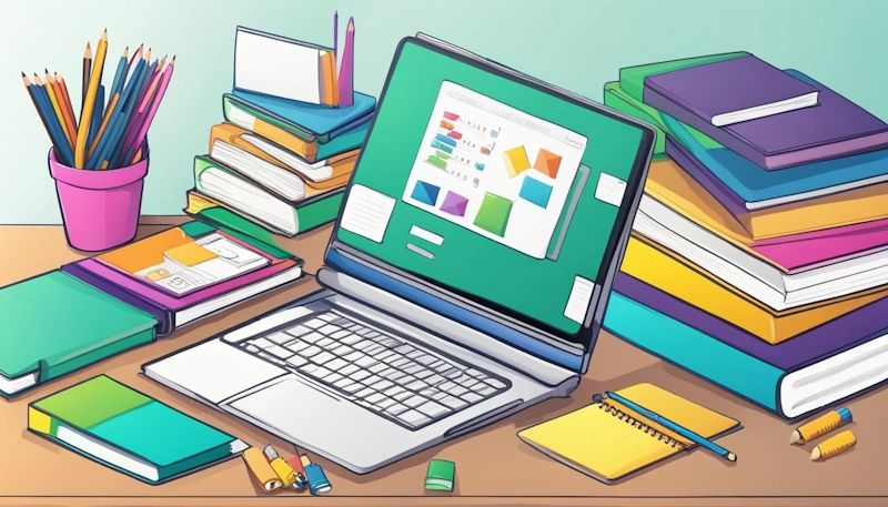 A colorful desk with math textbooks, pencils, and a laptop. A stack of engaging math resources for TPT. Bright, organized, and inviting