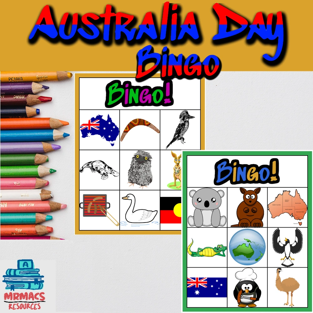 Australia Day Bingo game with two gameboards. An example of TPT Products That Sell.