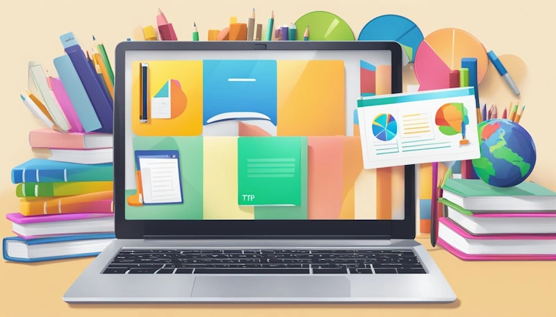 A laptop with a colorful TpT logo on the screen, surrounded by various educational materials and resources such as books, worksheets, and digital downloads