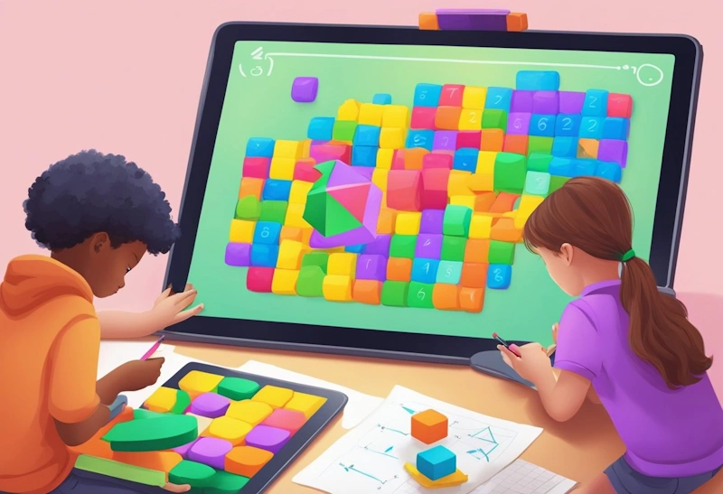 A group of children play a colorful math addition game on a tablet, while a designer observes and takes notes on their interactions