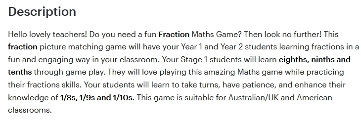 Text image of an example of how you could describe a product sold on tpt. It describes a fractions product.