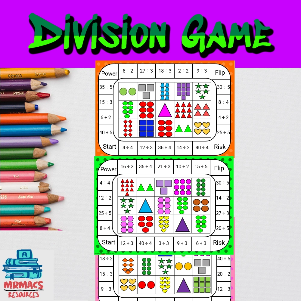 A division game with 3 examples of gameboard in the picture. An example of TPT Products That Sell.