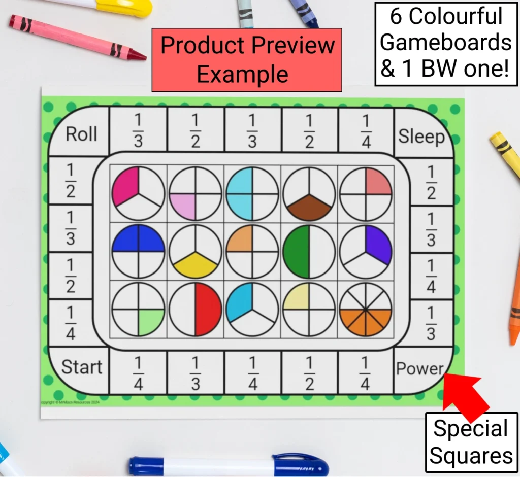 Picture of a fraction game with text saying product preview example and special squares and 6 colourful gameboards. An example of a TPT products that sells.