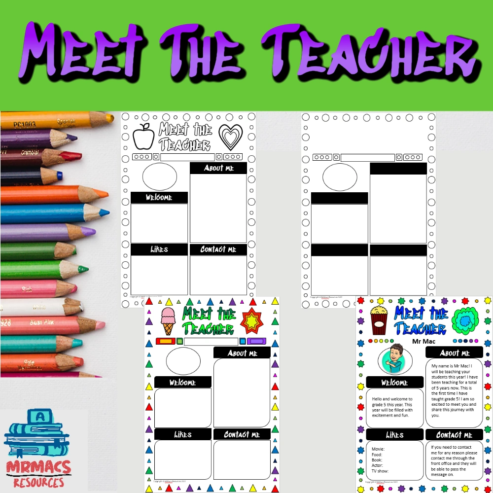 A meet the teacher worksheet display with pencils on the side