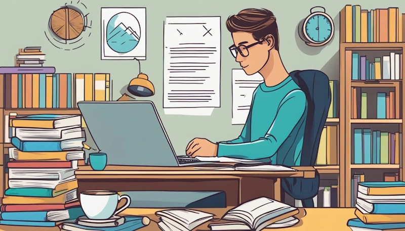 A person sitting at a desk, surrounded by books and a computer, pondering over the question "Do I really need to use Canva to create covers to succeed on TPT?"