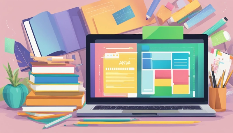 A laptop displaying a Canva cover design for Teachers Pay Teachers, surrounded by colorful educational materials and a stack of printed resources.