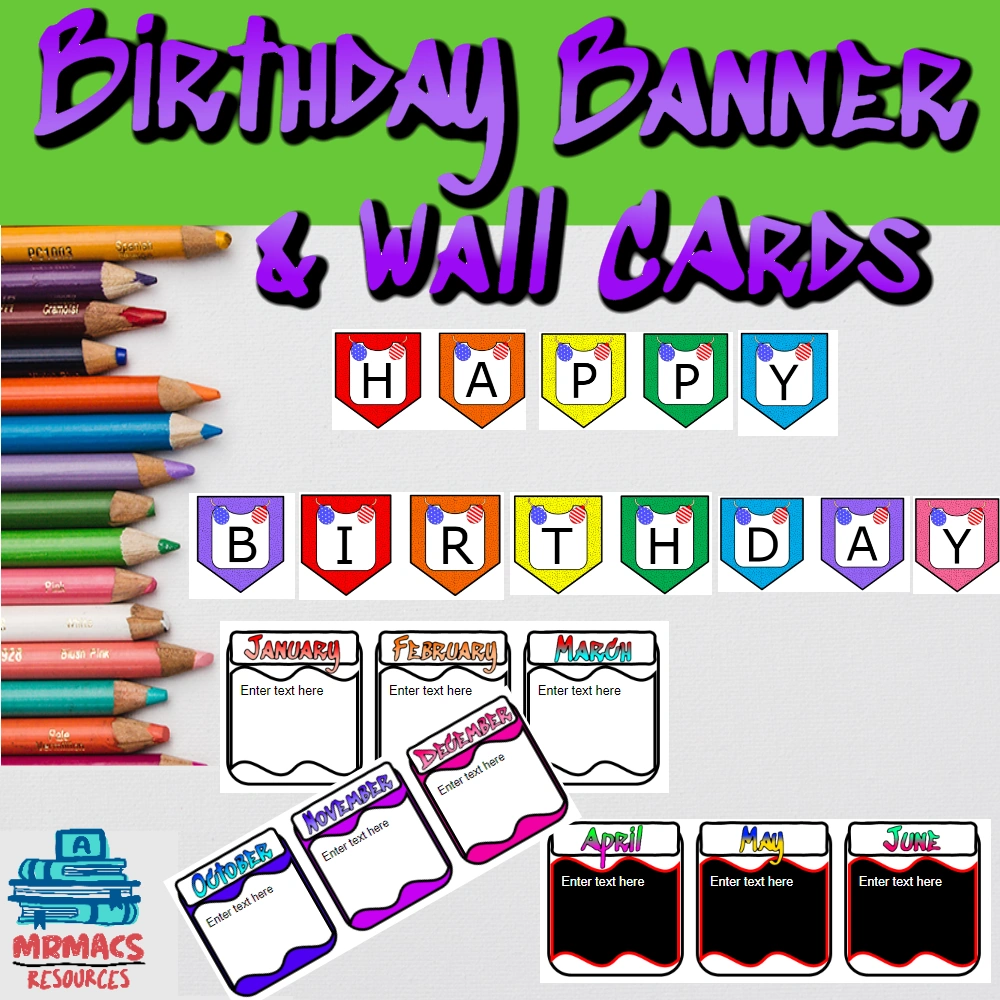 A tpt product with the text "Birthday banner & wall cards." An example of a product line that can be created in Canva.