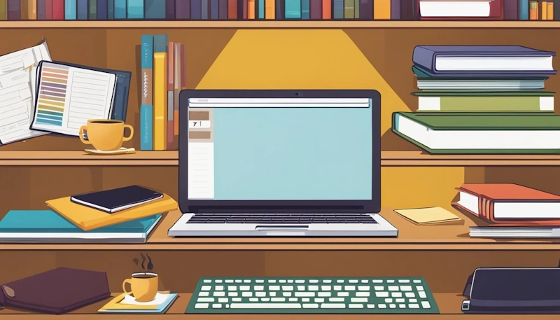 A desk with a laptop, notebooks, pens, markers, and a cup of coffee. A bookshelf filled with teaching resources and a bulletin board with colorful posters