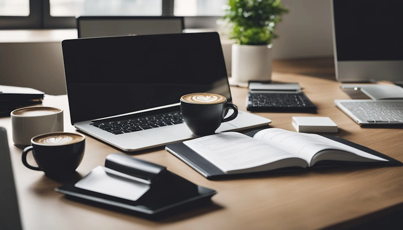 A desk with a computer, notebook, pens, and various teaching resources spread out. A cup of coffee sits nearby