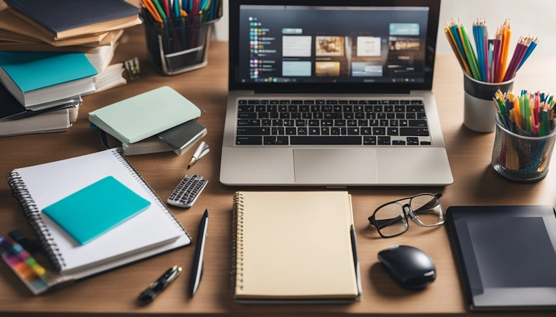 A desk with a computer, notebook, pens, and various art supplies. A stack of teaching resources sits next to a TPT logo