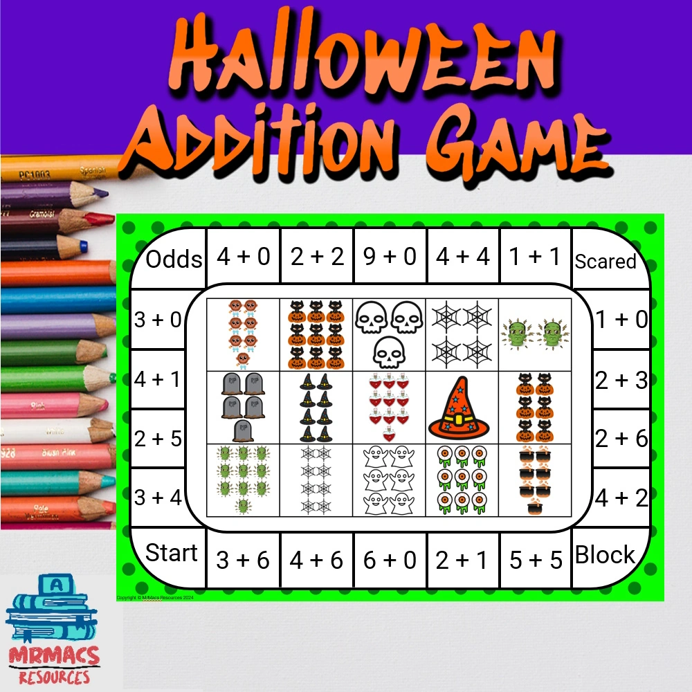 Halloween addition game. A game product from TPT that teaches students how to add in a fun and engaging way.