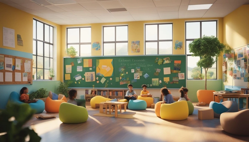 Brightly colored classroom with students' artwork displayed, plants on windowsills, and a cozy reading nook with bean bags and books. A positive classroom culture.