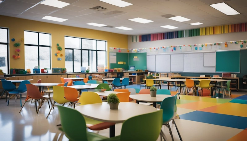 A classroom culture with colorful decorations, comfortable seating, and interactive learning stations. Students are engaged in group activities and discussions, with the teacher moving around to facilitate conversations