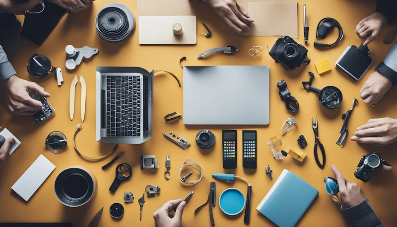 A group of diverse objects and tools arranged on a table, representing various essential life skills being developed through project-based learning.