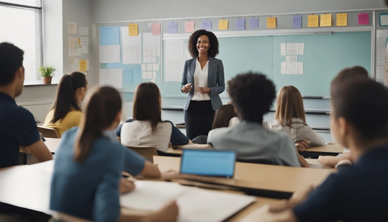 A teacher addressing her class with a smile.