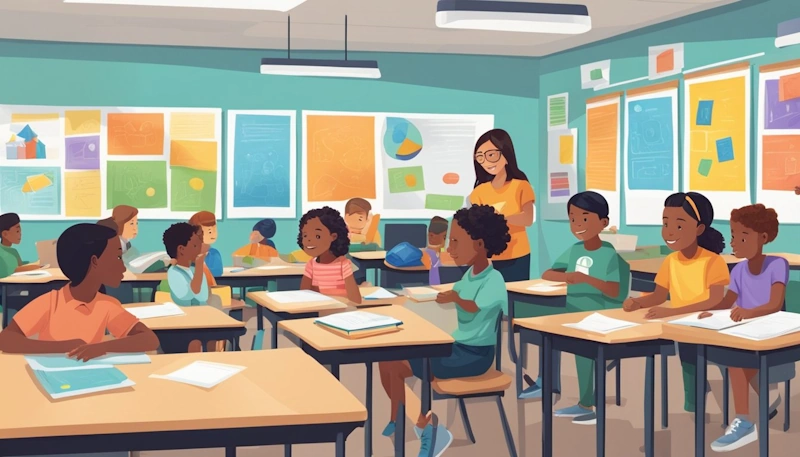 A diverse group of students engage in Social Emotional Learning activities, showing empathy and communication skills. The classroom is filled with colorful posters and visual aids promoting emotional intelligence and positive relationships