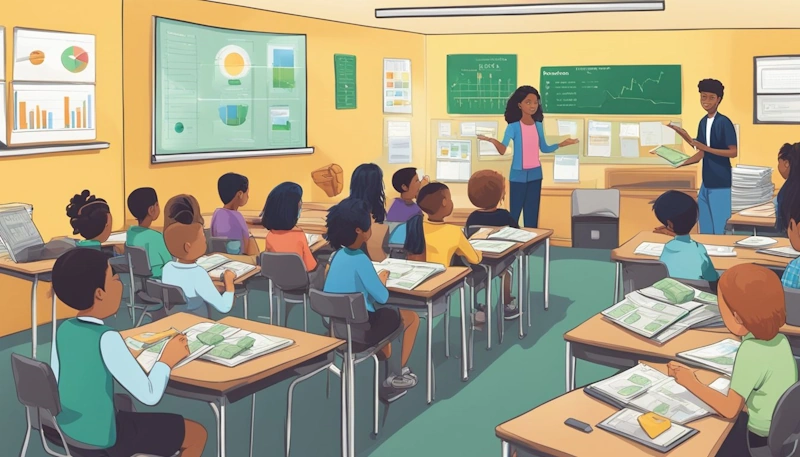A classroom setting with students from diverse backgrounds engaged in interactive activities related to financial literacy. Materials such as charts, graphs, and educational tools are visible