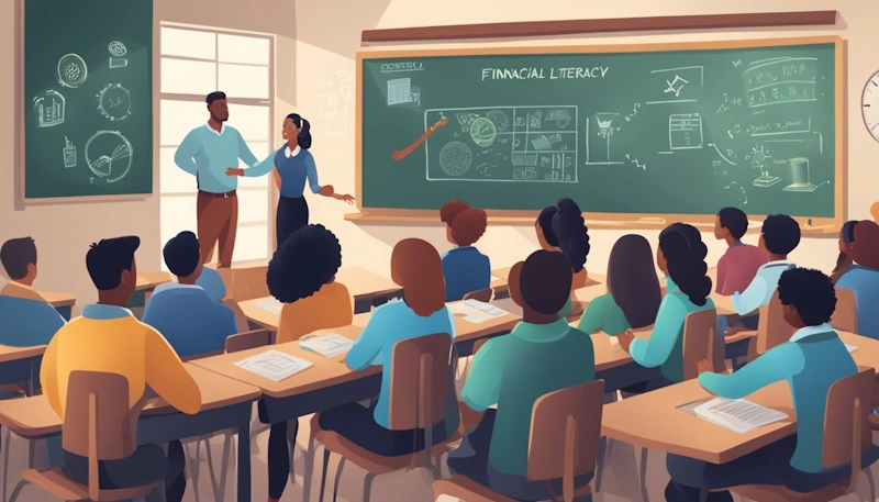 A classroom setting with a chalkboard filled with financial literacy concepts, students engaged in group activities, and a teacher facilitating discussions by Teaching Financial Literacy.