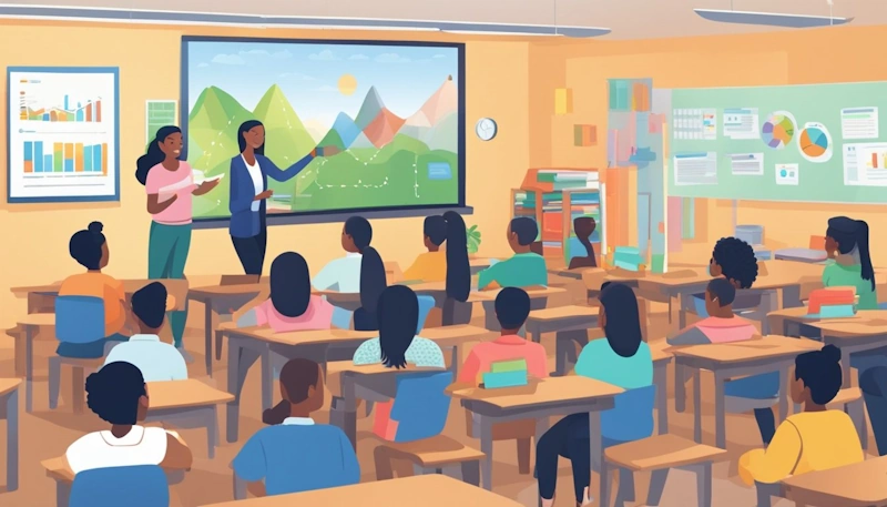 A classroom setting with students engaged in various activities related to money management, such as budgeting, saving, and investing. Teaching Financial Literacy is happening in the classroom.