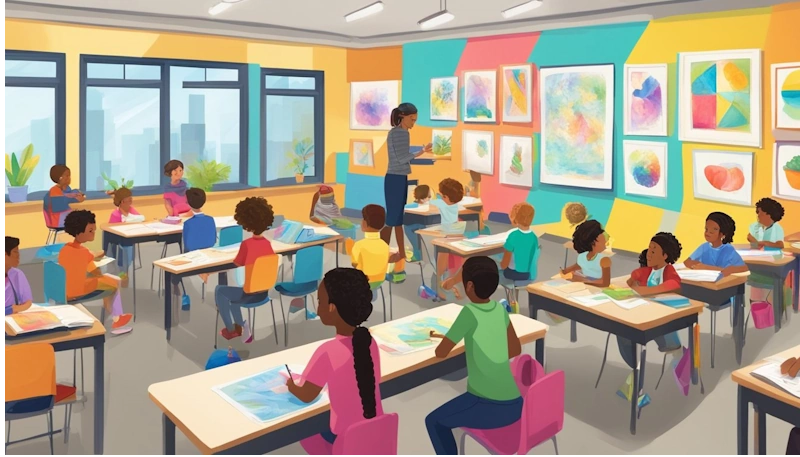 A classroom filled with colourful artwork adorning the walls, students engaged in hands-on art projects at their desks, and a teacher leading a discussion on the importance of art in education