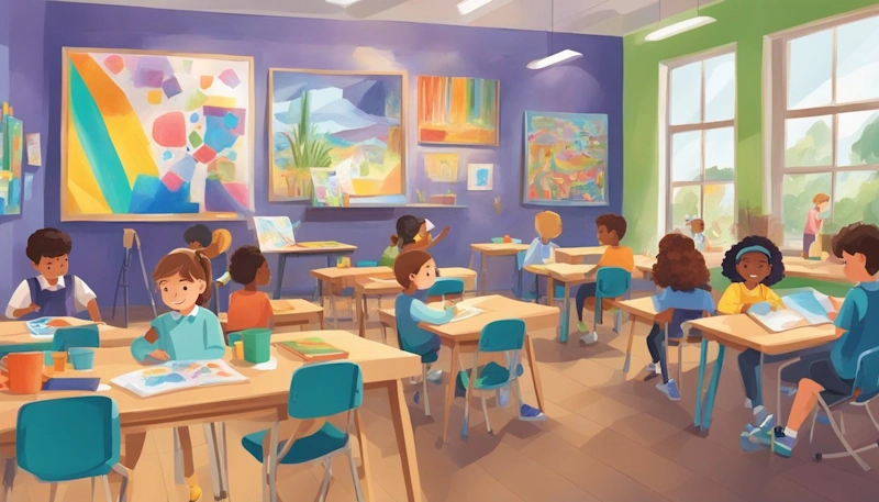 A classroom scene with students engaged in various art activities, surrounded by colourful and creative artwork displayed on the walls and tables. An example of art in the classroom