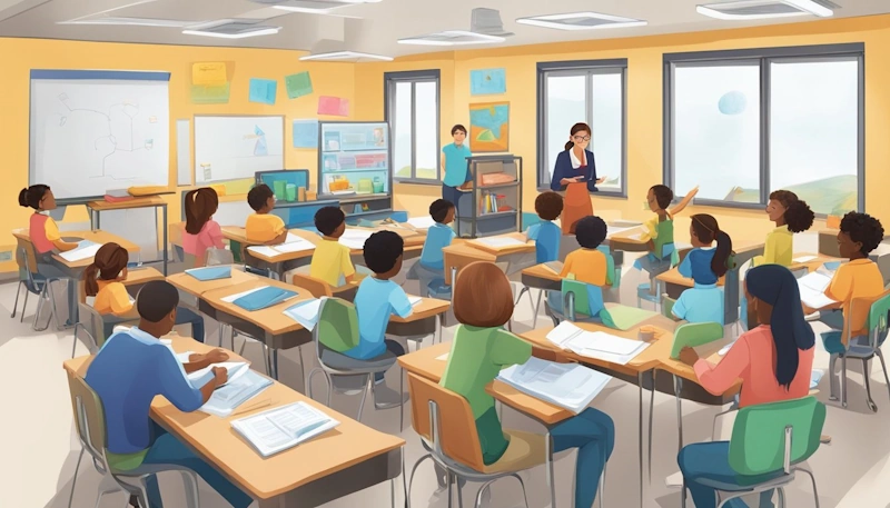 A classroom filled with students engaged in Inquiry-Based Learning activities, experiments, and group discussions, with the teacher acting as a facilitator, encouraging curiosity and critical thinking