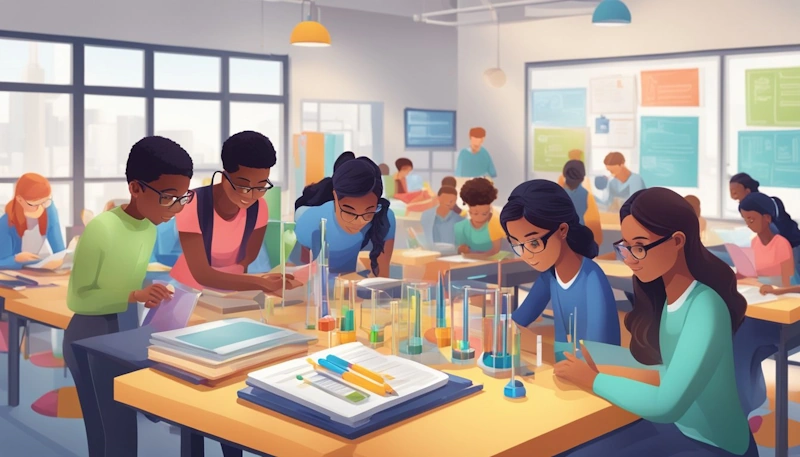 A group of diverse students engaged in Inquiry-Based Learning experiments, research, and discussions, surrounded by colourful educational materials and technology in a modern classroom setting