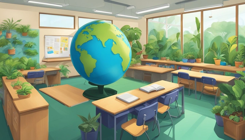 A classroom with a large, vibrant mural of a lush forest covering one wall, surrounded by potted plants and a recycling station. A globe sits on the teacher's desk. The prefect environment for Teaching Environmental Education.