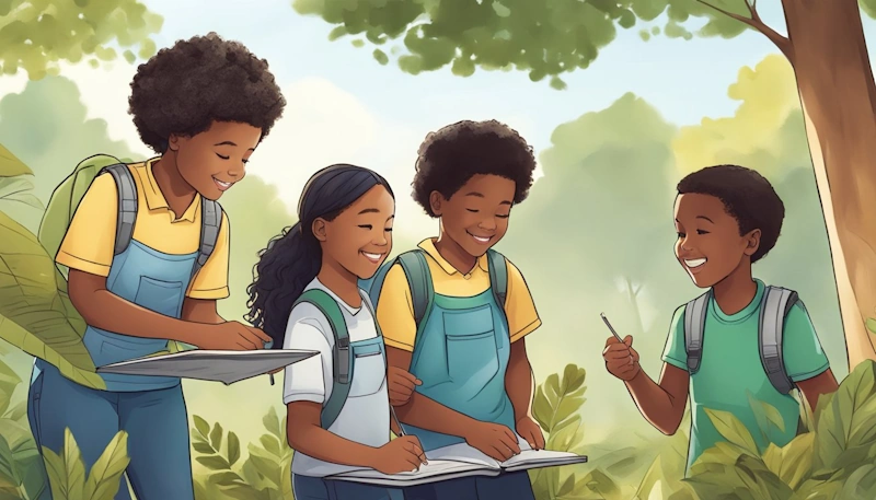 A diverse group of students engage in hands-on activities outdoors, exploring nature, and learning about environmental conservation. Perfect opportunity for Teaching Environmental Education.