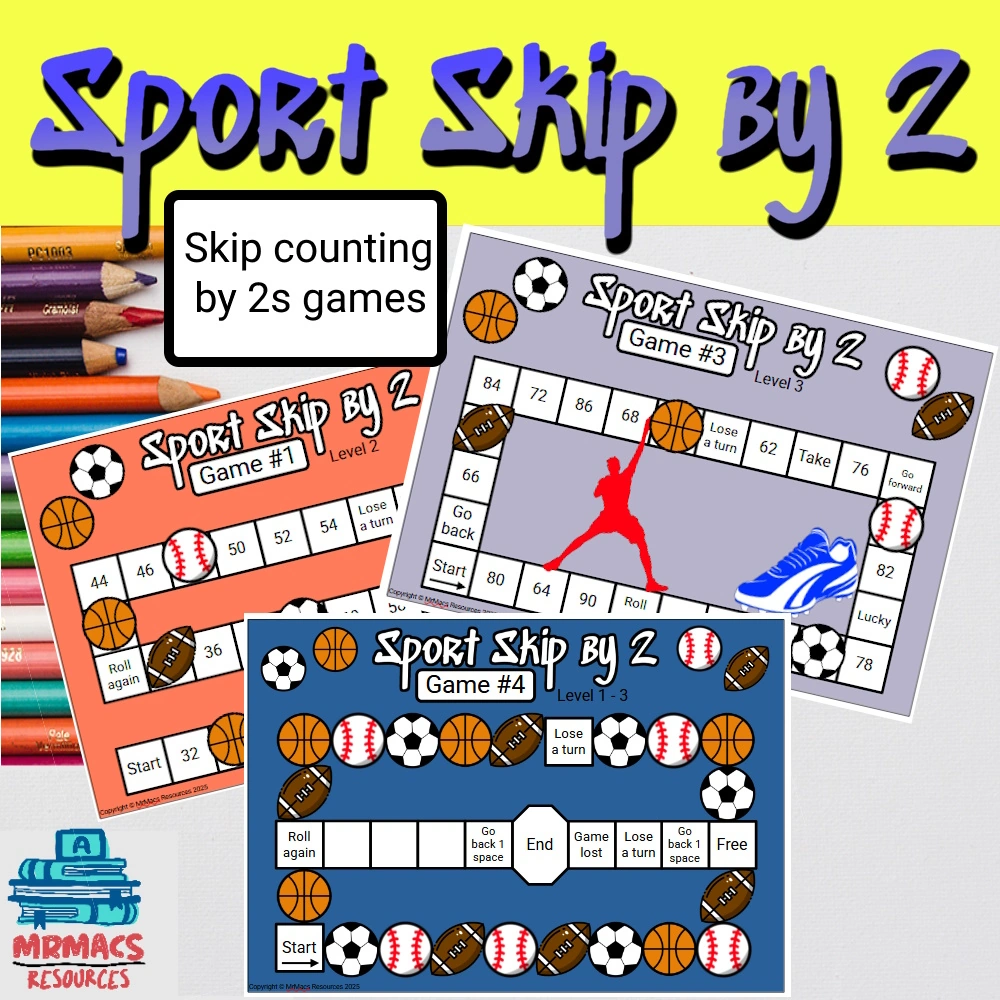 Sport skip by 2 a skip counting by 2s game. A TPT resources for grade 1 and grade 2 students.