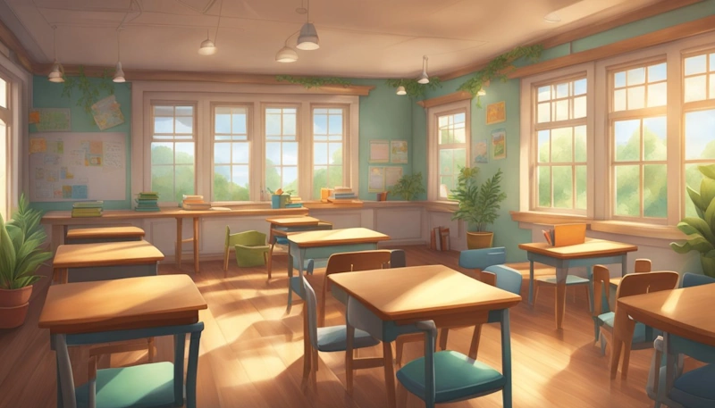 A peaceful classroom with soft lighting, comfortable seating, and nature-inspired decor. A gentle breeze rustles through open windows, carrying the sound of birdsong. Mindfulness in the Classroom is practiced here.