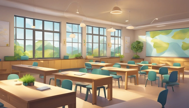 A peaceful classroom with soft lighting, comfortable seating, and a designated area for meditation. The walls are adorned with calming nature scenes, and the atmosphere is serene and inviting. Mindfulness in the Classroom is practiced here.