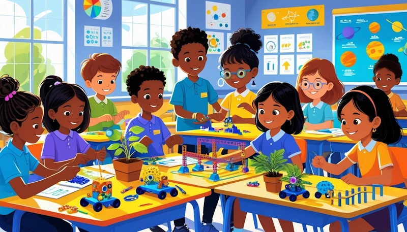 Elementary students working together on hands-on STEM projects in a bright classroom with their teacher.