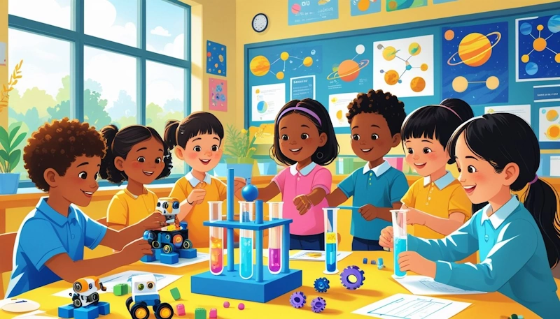 Children in a classroom working together on hands-on STEM activities with a teacher guiding them.