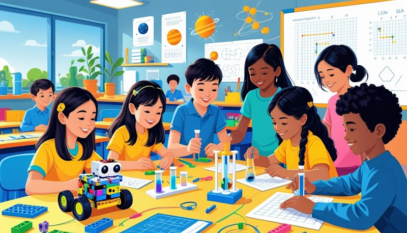 A group of elementary students working together on hands-on STEM activities in a classroom, including building a robot, conducting a science experiment, and solving math puzzles, with a teacher supporting them.