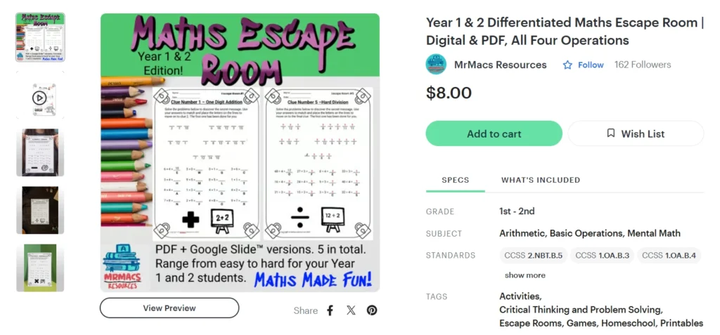 A example Teaching Resource on TPT. It shows an example of a differenced resource.