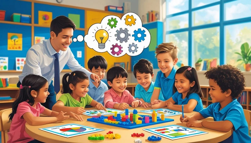 Young children sitting around a table with a teacher, working together on puzzles and activities that encourage critical thinking and problem-solving in a bright classroom.