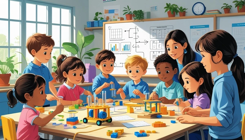 Critical thinking - Children working together on hands-on projects in a classroom while a teacher guides them.