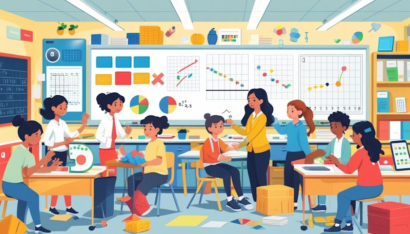 Differentiated Learning - A teacher helping a group of diverse students in a classroom where children use different maths tools and work individually and in groups.