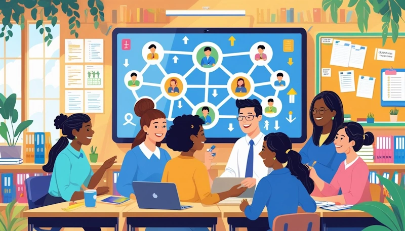A group of teachers working together around a digital screen in a bright classroom filled with educational materials and natural light. A great way to build a following.