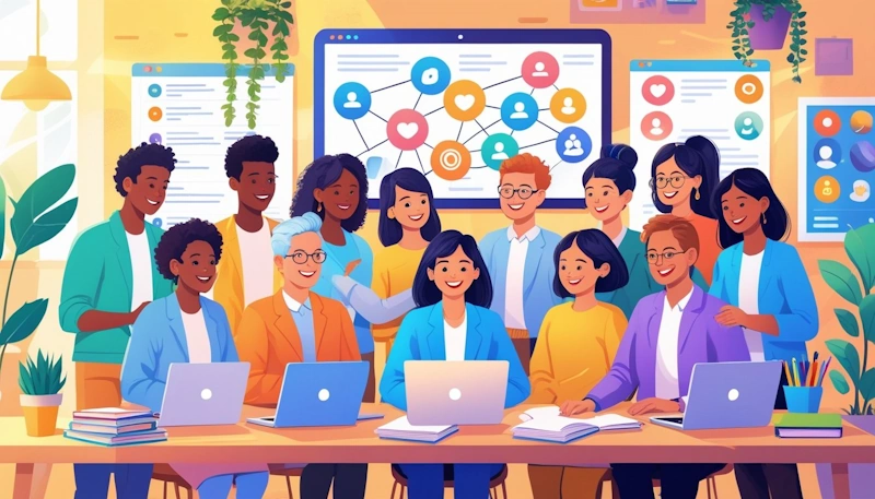 A group of diverse teachers working together around a table with laptops and educational materials, sharing ideas in a bright and friendly room. A great way to build a following.