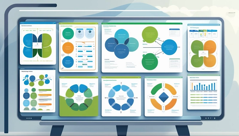 Colourful graphic organisers like mind maps and flowcharts in a bright classroom.