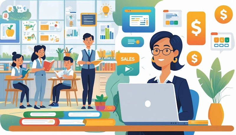 A teacher managing classroom activities with students on one side and working on a laptop to sell teaching resources on the other side.