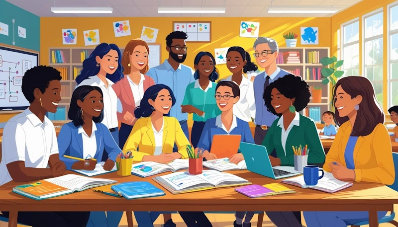 First Year Teaching - A group of new teachers sitting around a table in a bright classroom, sharing ideas and working together with notebooks and laptops.