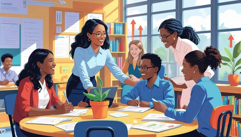 First Year Teaching - A group of new teachers working together in a bright classroom with a mentor providing guidance, surrounded by plants and educational materials.