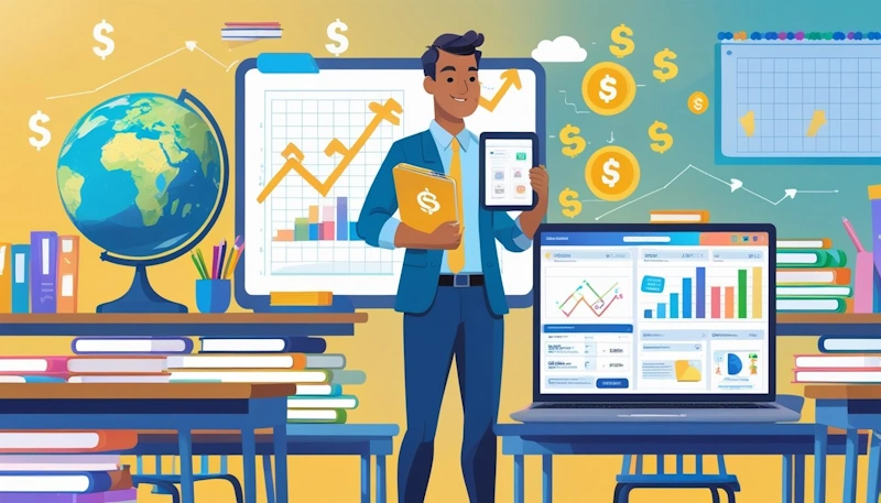 A teacher in a bright classroom holding a tablet with lesson plans, surrounded by educational materials and symbols representing earning money from teaching resources.