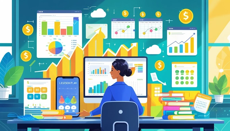 A teacher working at a desk with a laptop and tablet showing lesson plans and sales charts, surrounded by symbols of growth like upward graphs and coins in a bright, organised workspace.